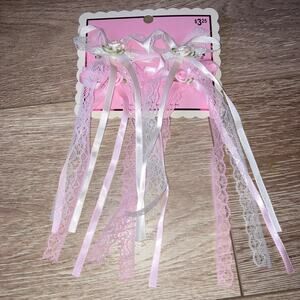 Coquette Lace Bow Ribbon Hair Clips Barrettes Floral , Pink and White 4-Pack